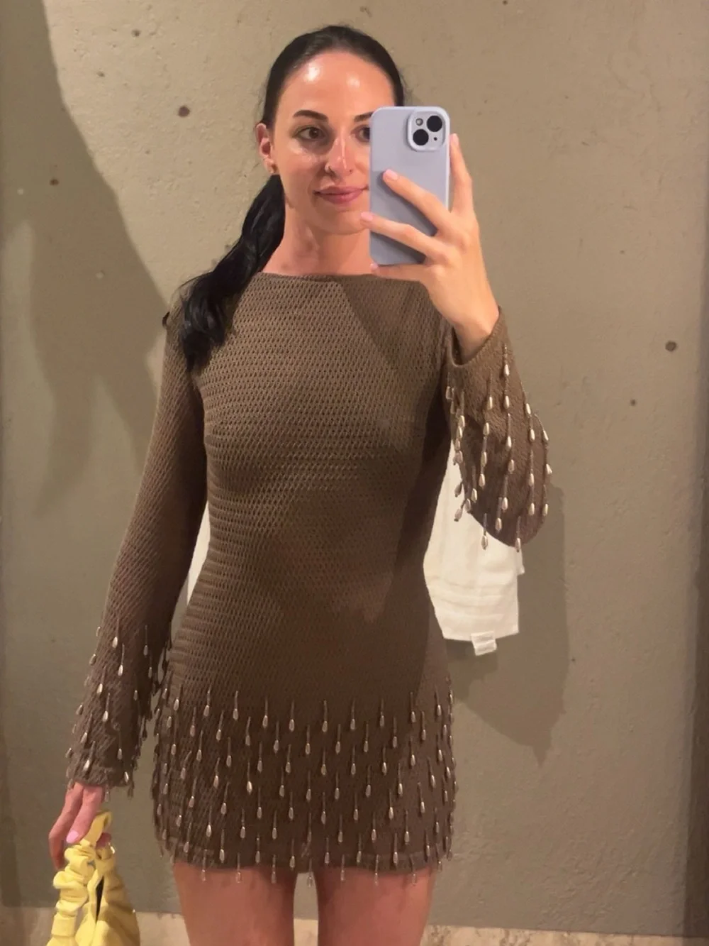 Pretty Little Thing TAUPE TEXTURED LONG SLEEVE PEARL DETAIL MINI DRESS